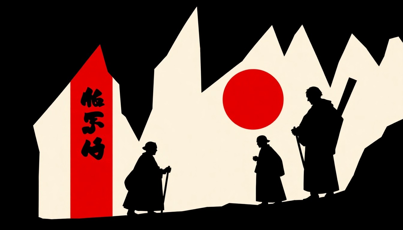 An abstract composition of jagged, geometric shapes in bold red and white, conceptually representing the technical mastery and aesthetic brilliance of Japanese metalwork.