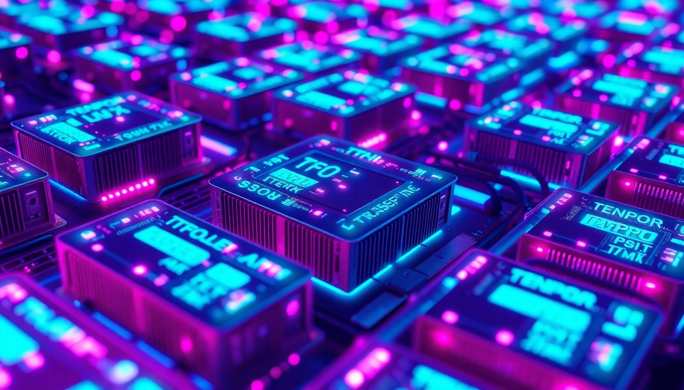A highly detailed 3D illustration of glowing, interconnected Tensor Processing Units in shades of neon cyan and magenta, conceptually representing the powerful compute infrastructure Anthropic is building to support its AI models.