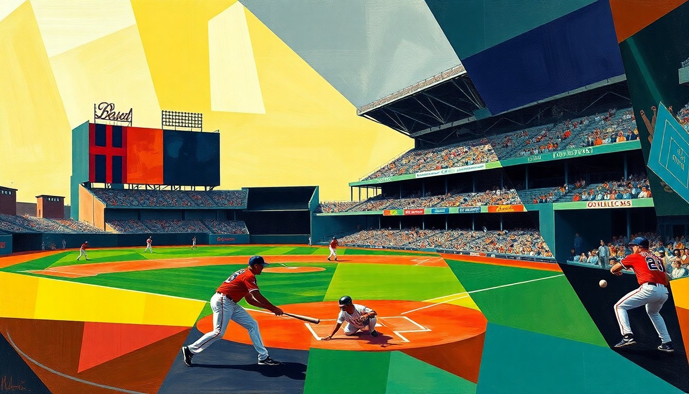 A cubist, geometric painting depicting the dynamic action of a baseball game, with players and the field abstracted into bold, angular shapes and planes of vibrant colors.