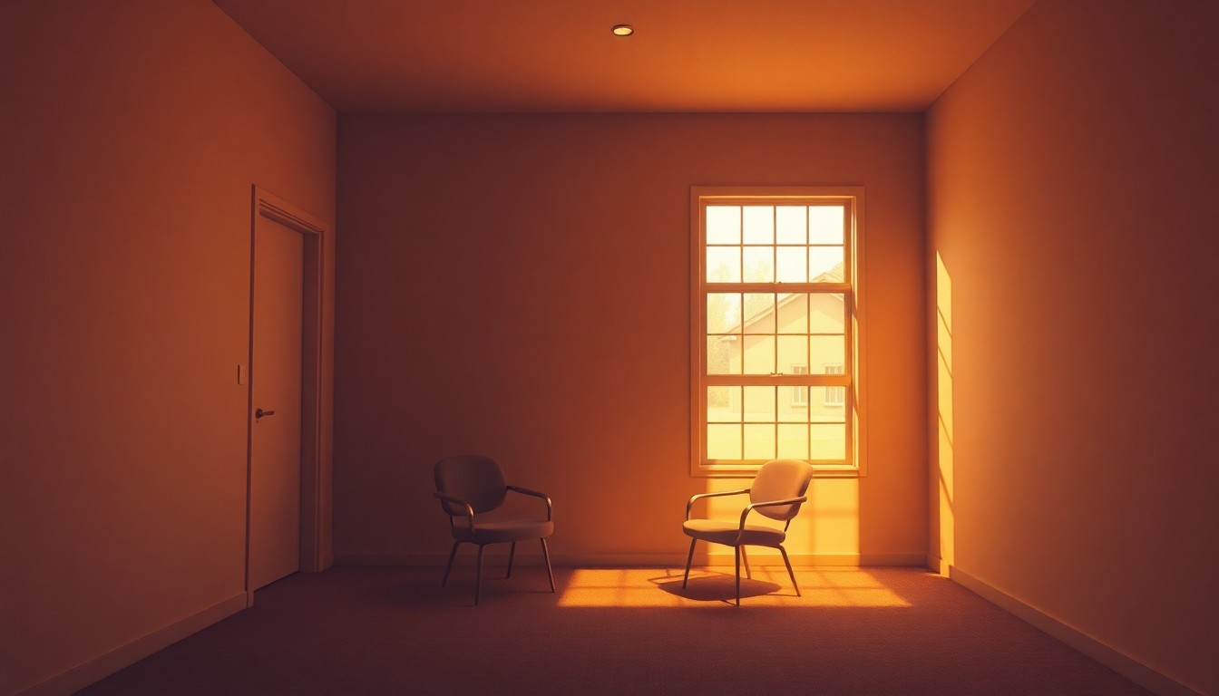 A dimly lit, empty counseling office with warm sunlight streaming through the window, creating deep shadows and a contemplative mood, conceptually representing the legal and legislative debates over conversion therapy bans.