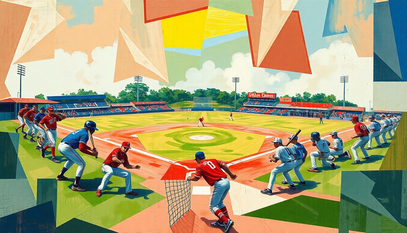 A fractured, multi-perspective painting in vibrant colors, breaking down a high school baseball game into sharp, overlapping geometric shapes and planes, with no recognizable figures or details, only the raw energy and movement of the sport.