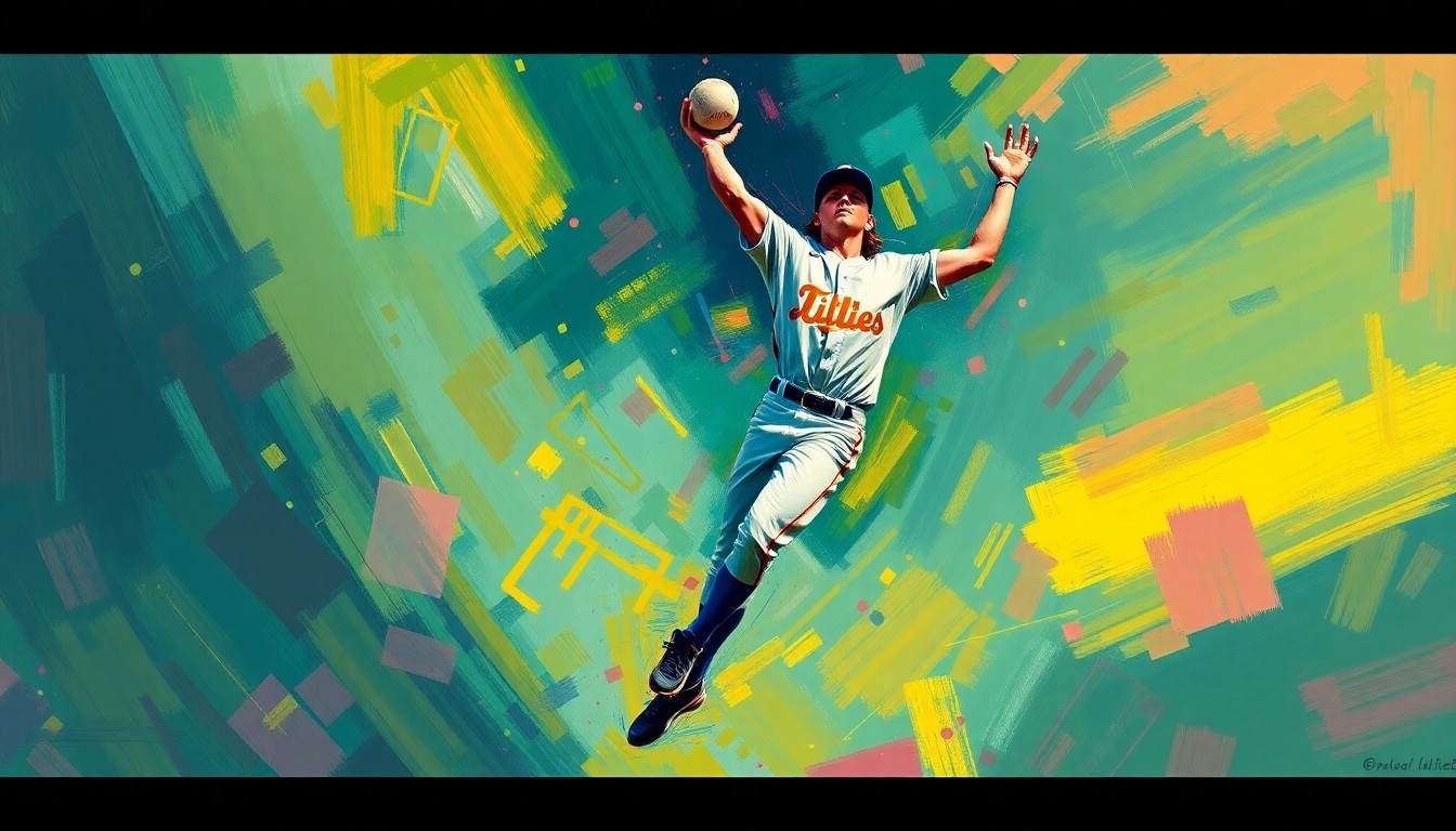 An abstract, expressionist painting depicting a baseball player leaping high into the air, his body contorted as he reaches up to make a spectacular catch, the player's face and uniform blurred into vibrant brushstrokes that capture the raw energy and athleticism of the moment.