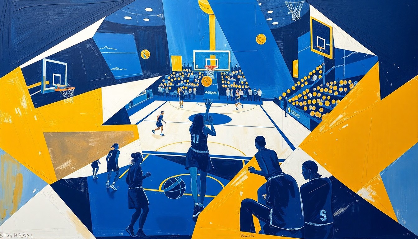 A cubist-style painting featuring overlapping geometric shapes and planes in navy blue, gold, and white, capturing the dynamic energy and movement of a women's basketball game.