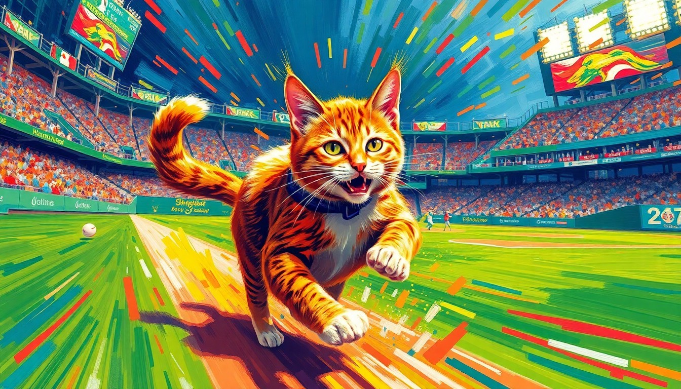 An abstract, energetic painting in neon colors depicting a cat running and playing amid the blurred shapes of a baseball stadium, conveying the excitement and unpredictability of a unique fan experience.