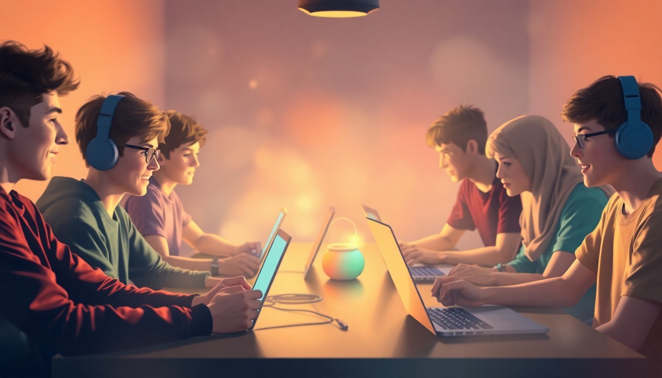 An abstract, out-of-focus photograph depicting a group of teenagers gathered around a table, engaged in various activities like gaming and studying, with the scene bathed in warm, soft pools of light and color.