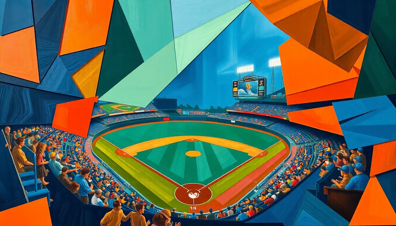A cubist, geometric painting depicting a baseball game broken down into overlapping planes of navy, green, and orange, conveying the dynamic energy and strategic complexity of the Macalester-Bethel matchup.