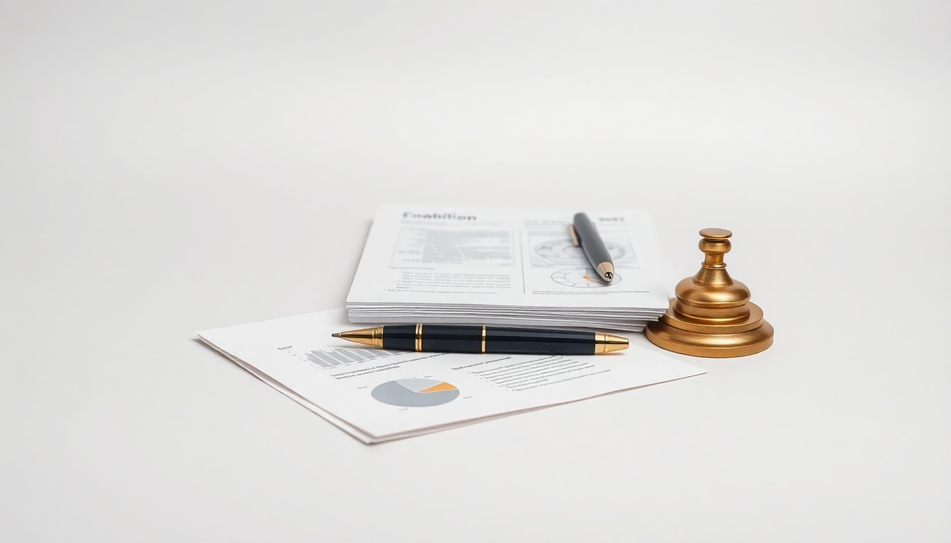 A photorealistic studio still life featuring a stack of financial documents, a pen, and a brass paperweight arranged elegantly on a clean, monochromatic background, conceptually representing Ares Management's strategic expansion into Asia.