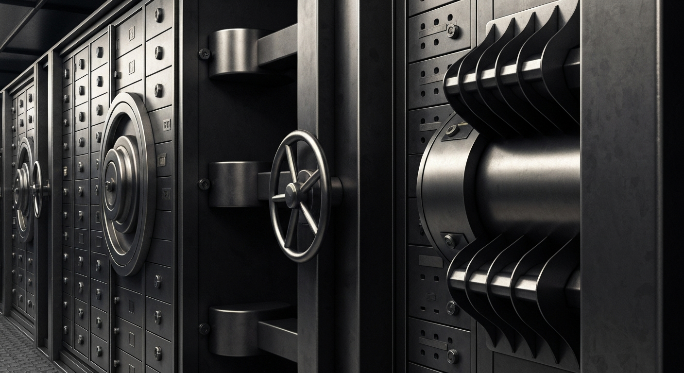 An extreme close-up of various heavy, metallic banking equipment and machinery, conveying the institutional power and physical infrastructure of the financial system.