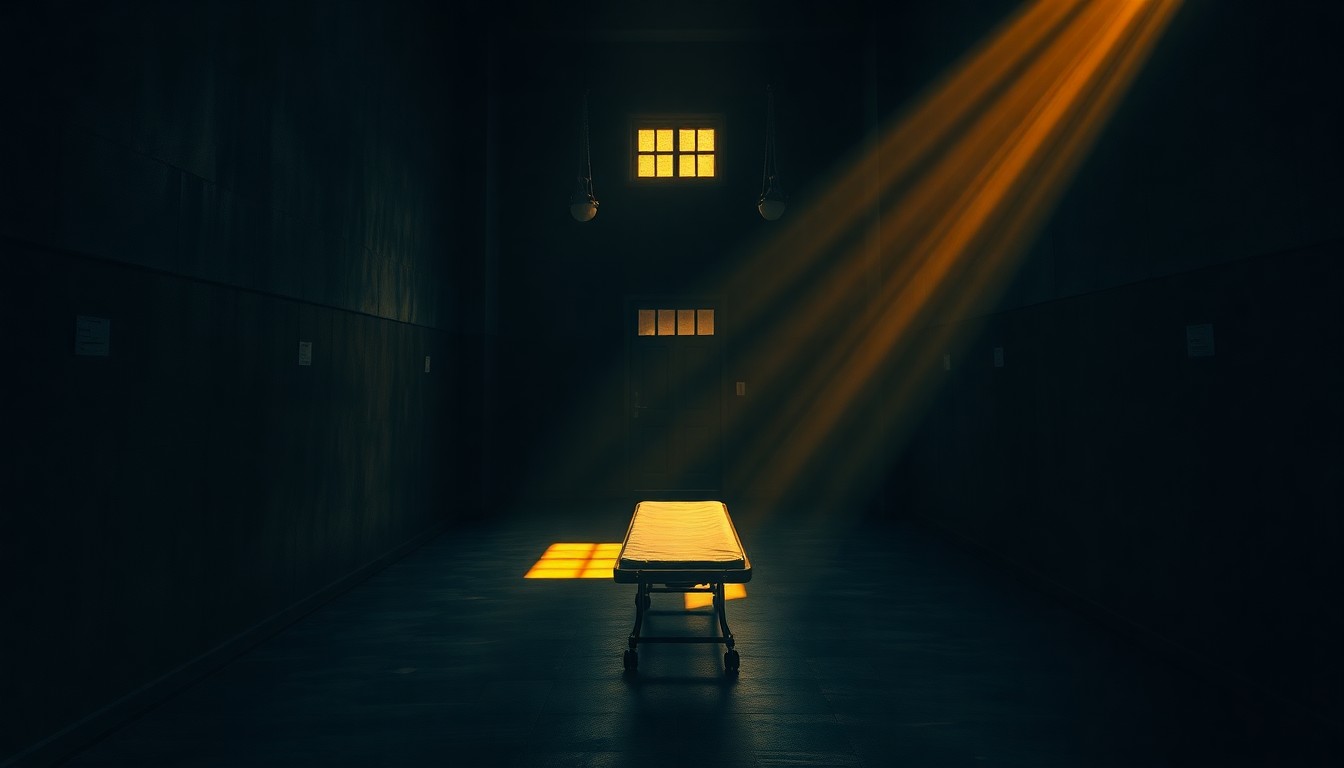 A quiet, cinematic painting of a solitary execution gurney in a dimly lit, shadowy chamber, bathed in warm, diagonal sunlight, conceptually illustrating the tension between state secrecy and public transparency around the death penalty.