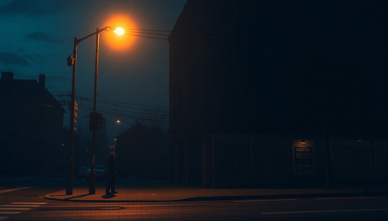 A dimly lit urban street corner at dusk, with a lone figure standing beneath a flickering streetlight, casting long shadows across the pavement. The scene has a quiet, contemplative mood, evoking a sense of political uncertainty.