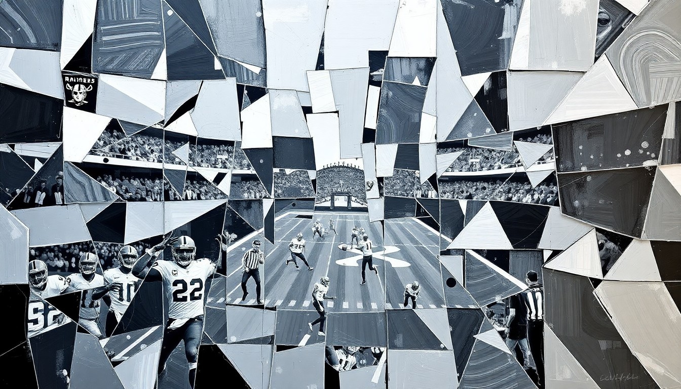 A cubist-inspired painting featuring overlapping geometric shapes and planes in shades of silver and black, conceptually representing the dynamic and multifaceted nature of a football game or match.