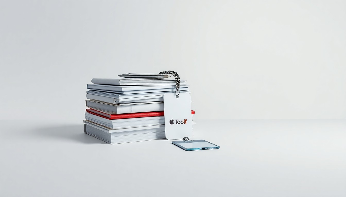 A high-end, photorealistic studio still-life featuring a stack of neatly organized office supplies and a single employee ID badge resting on a clean, monochromatic background, conceptually representing the human impact of large-scale layoffs in the tech industry.