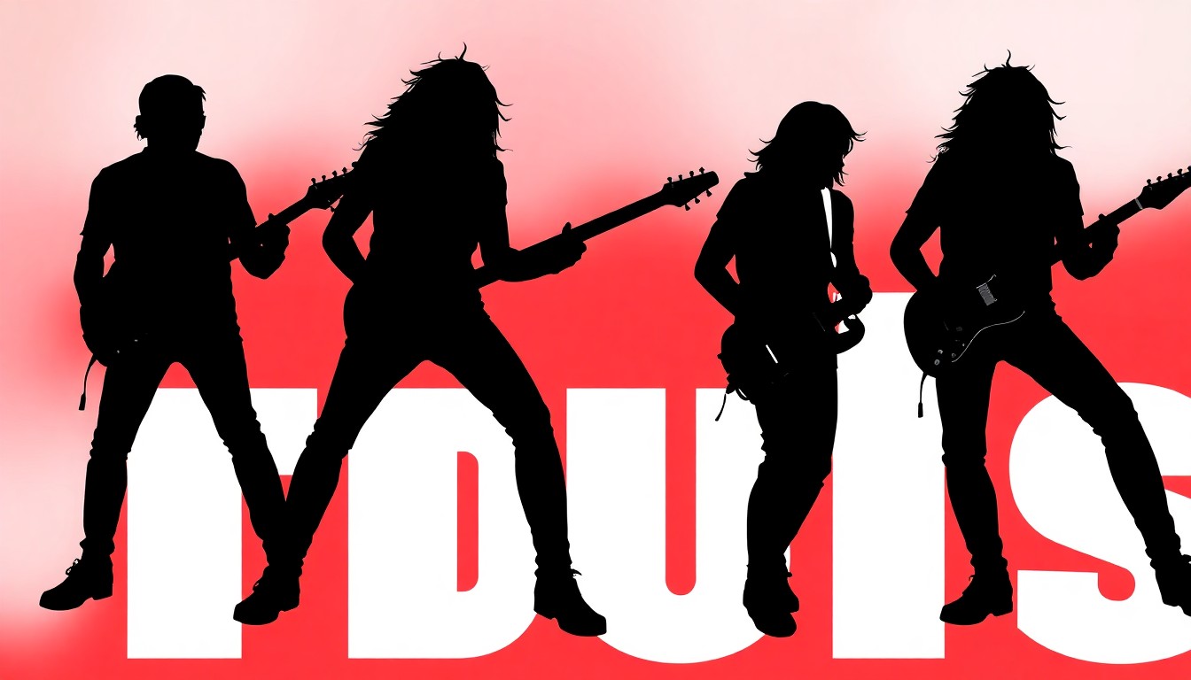 An abstract, minimalist illustration featuring sharp, angular black shapes representing a guitar, drums, and other rock band instruments, set against a high-contrast background of solid red and white colors, conveying the disruption and disappointment of a festival performance cancellation.