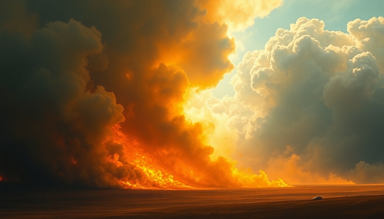 A sweeping landscape painting in muted earth tones, with billowing smoke obscuring the horizon and dwarfing any physical structures, conveying the overwhelming scale and power of a raging wildfire.