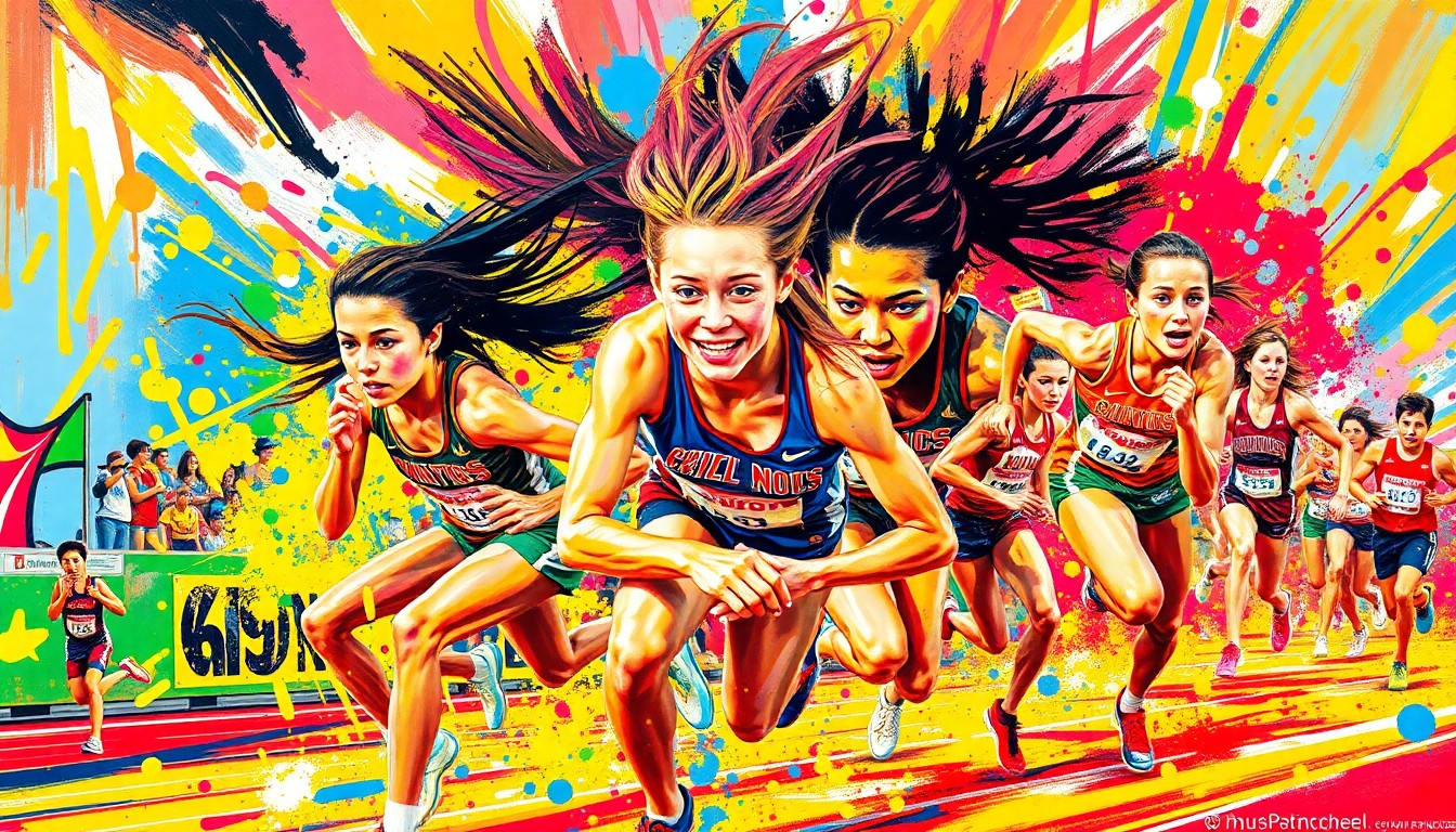 An abstract, expressionist painting in vibrant neon colors depicting the dynamic motion and energy of a high school track and field competition, with blurred figures and shapes representing the athletes in action.