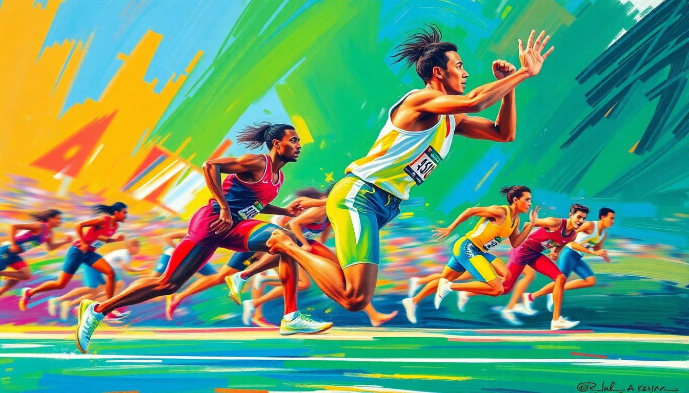 An abstract painting featuring bold, sweeping brushstrokes in neon colors that evoke the dynamic movement and intensity of a track and field competition.