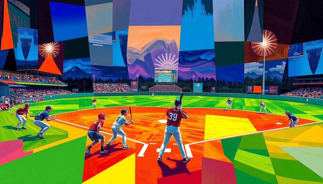 A fragmented, geometric painting depicting a high school baseball game, with players, bats, and the field rendered in overlapping planes of vibrant colors, conceptually representing the drama and excitement of the Broncos' comeback win.
