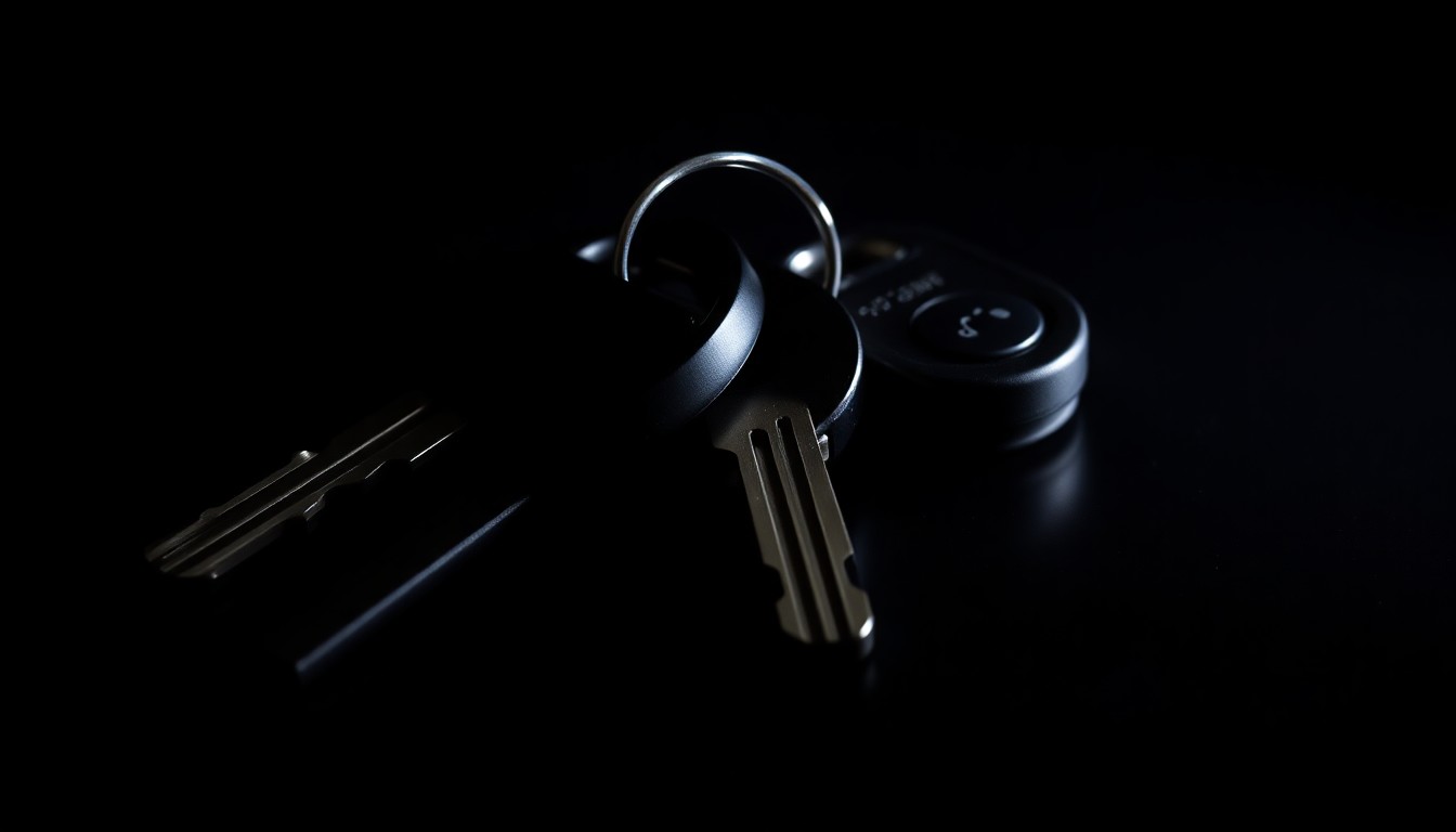 An extreme close-up photograph of a set of car keys on a dark background, lit by a harsh, direct camera flash, conceptually illustrating the investigation into a missing person case.