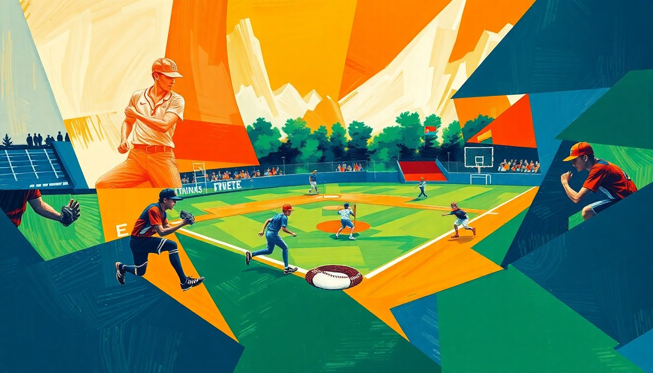 A dynamic, geometric painting in shades of blue, green, and orange, capturing the rapid movements and competitive spirit of a high school softball game through an abstract, multi-angled perspective.