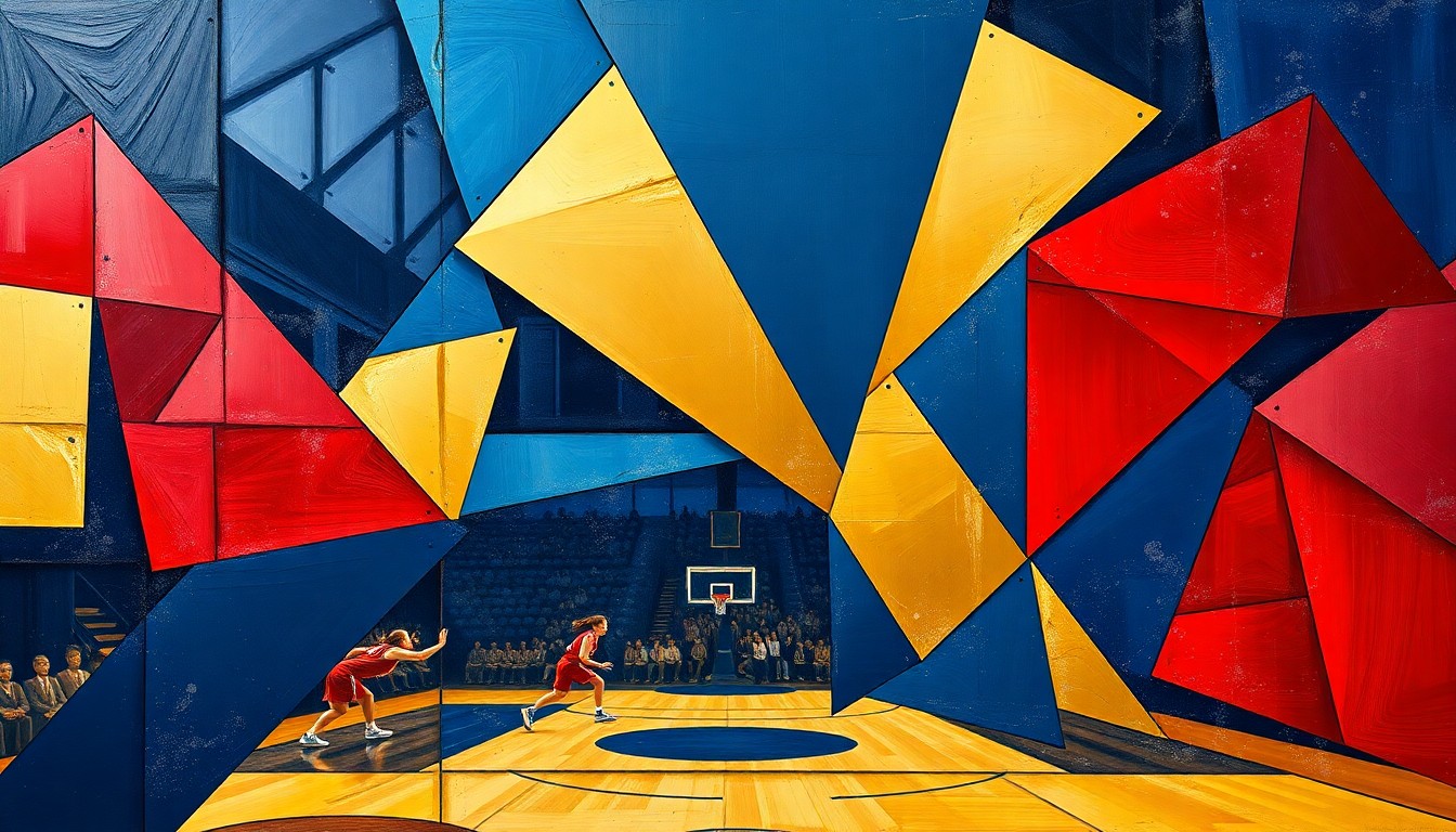 A cubist, geometric painting depicting the fragmented action of a women's basketball game, with sharp planes of navy, red, and gold representing the energy and intensity of the sport.