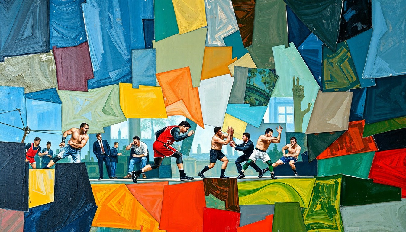 A cubist, geometric painting depicting the dynamic movements and intense competition of a wrestling match, with sharp, overlapping planes of color representing the sport's intensity and athleticism.