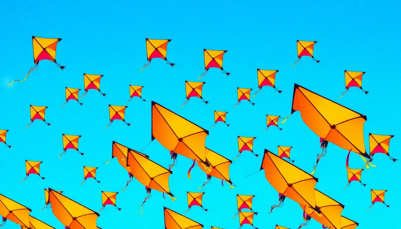 A brightly colored, abstract grid of stylized kites soaring against a vivid blue sky, capturing the joyful spirit of a community kite festival.