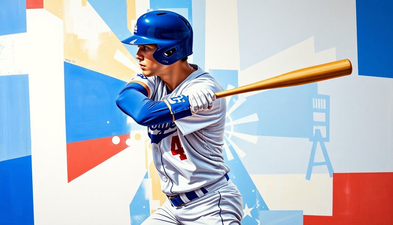 A fractured, cubist-style painting depicting Shohei Ohtani's batting stance and swing, broken down into sharp, overlapping geometric planes in vibrant Dodgers colors.