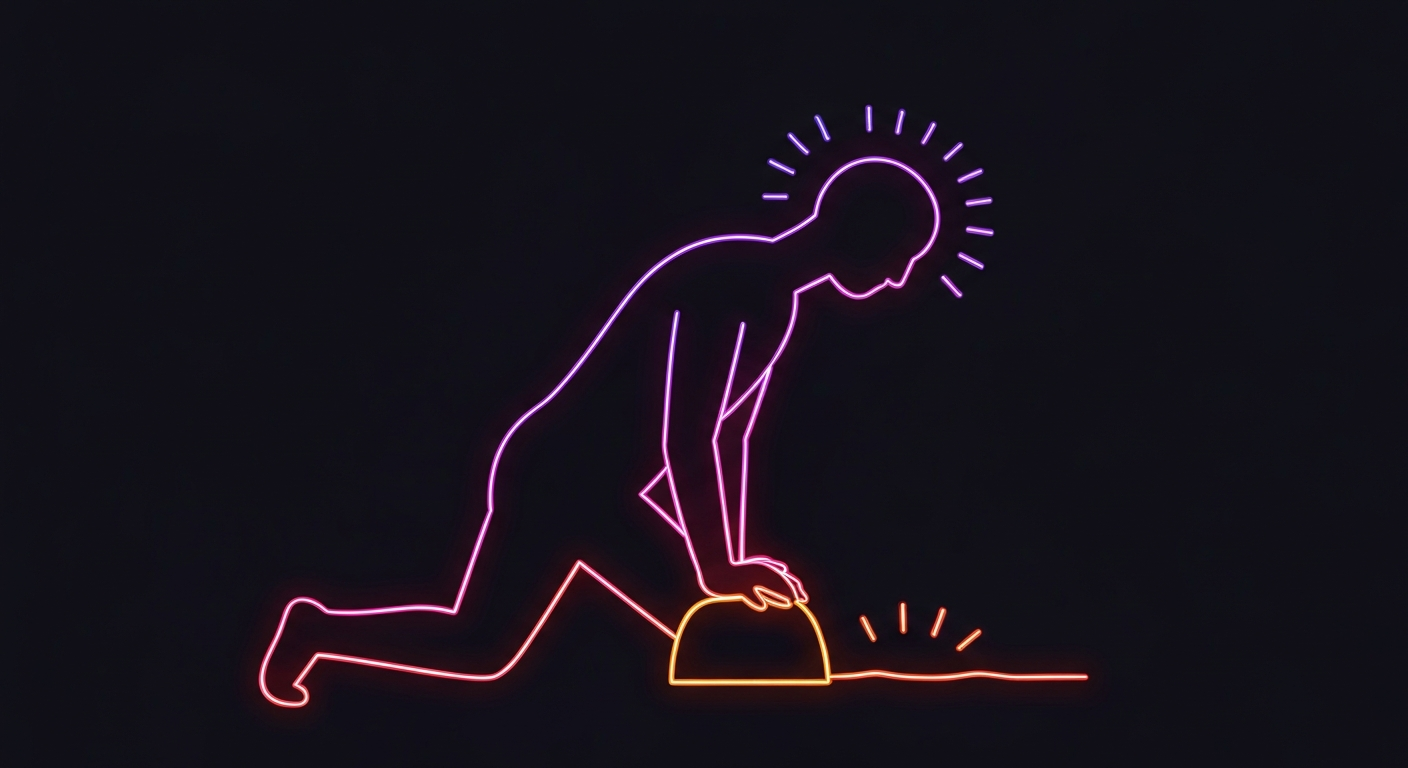 A minimalist illustration in the style of Keith Haring, depicting the silhouette of a person performing chest compressions defined by glowing neon lines against a dark background, conceptually representing the urgency and importance of bystander CPR.