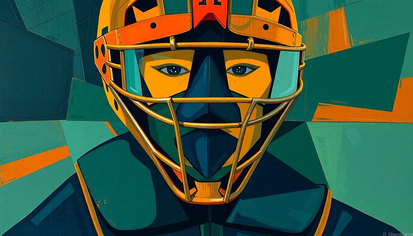A cubist-style painting depicting a baseball catcher's gear and equipment broken down into sharp, overlapping geometric shapes in a color palette of navy, green, and orange, conceptually representing the Yankees' ability to develop catchers.