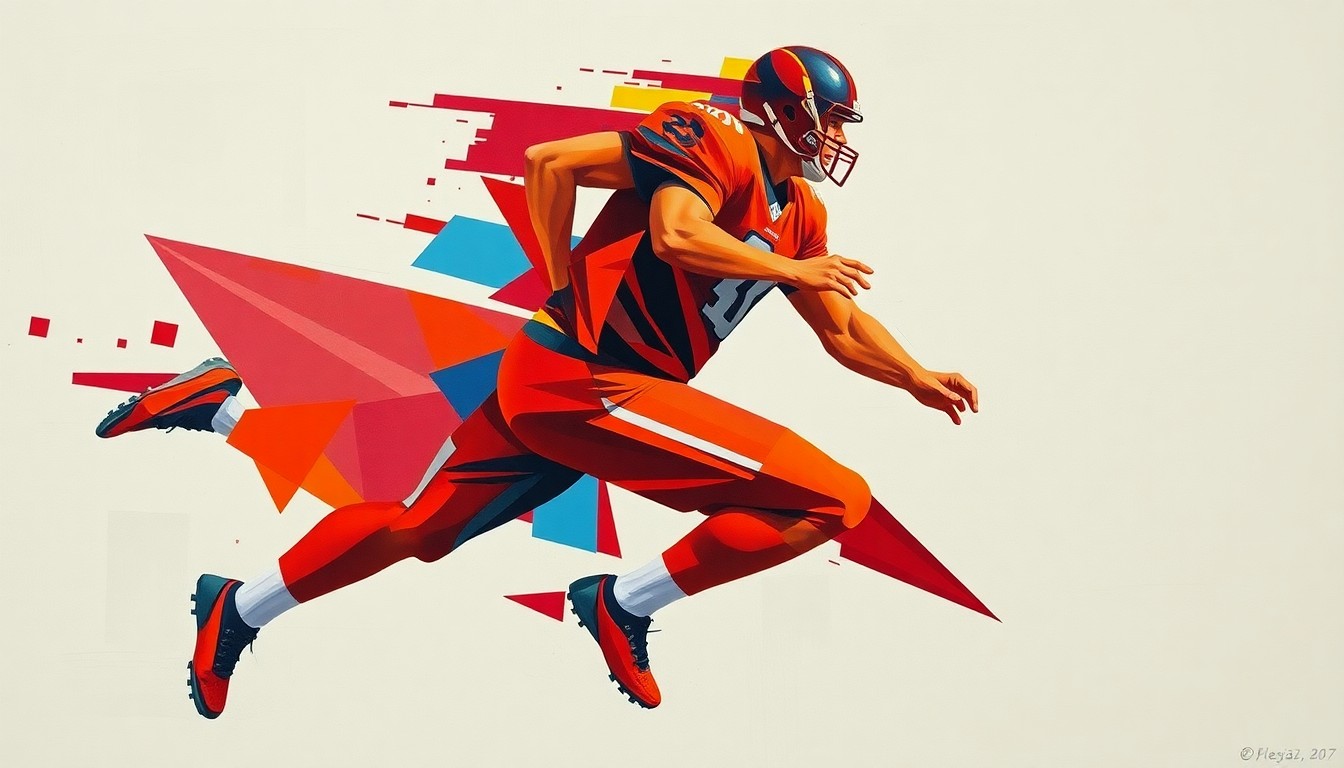 A cubist, geometric painting depicting a football player in mid-motion, their body fractured into sharp, overlapping planes of color, capturing the raw athleticism and versatility of the subject.