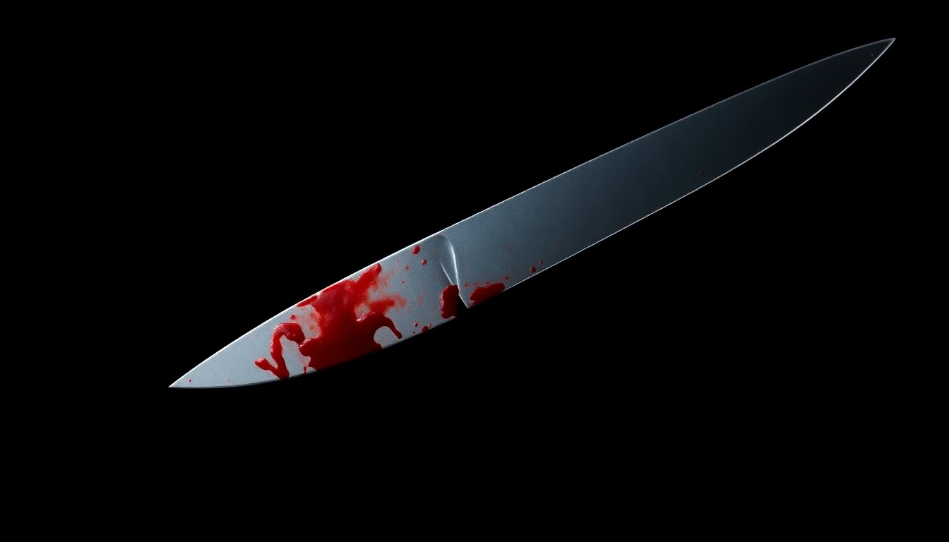 An extreme close-up of a single bloody knife blade against a pitch-black background, creating a stark, gritty, and investigative visual metaphor for the violent crime incident.