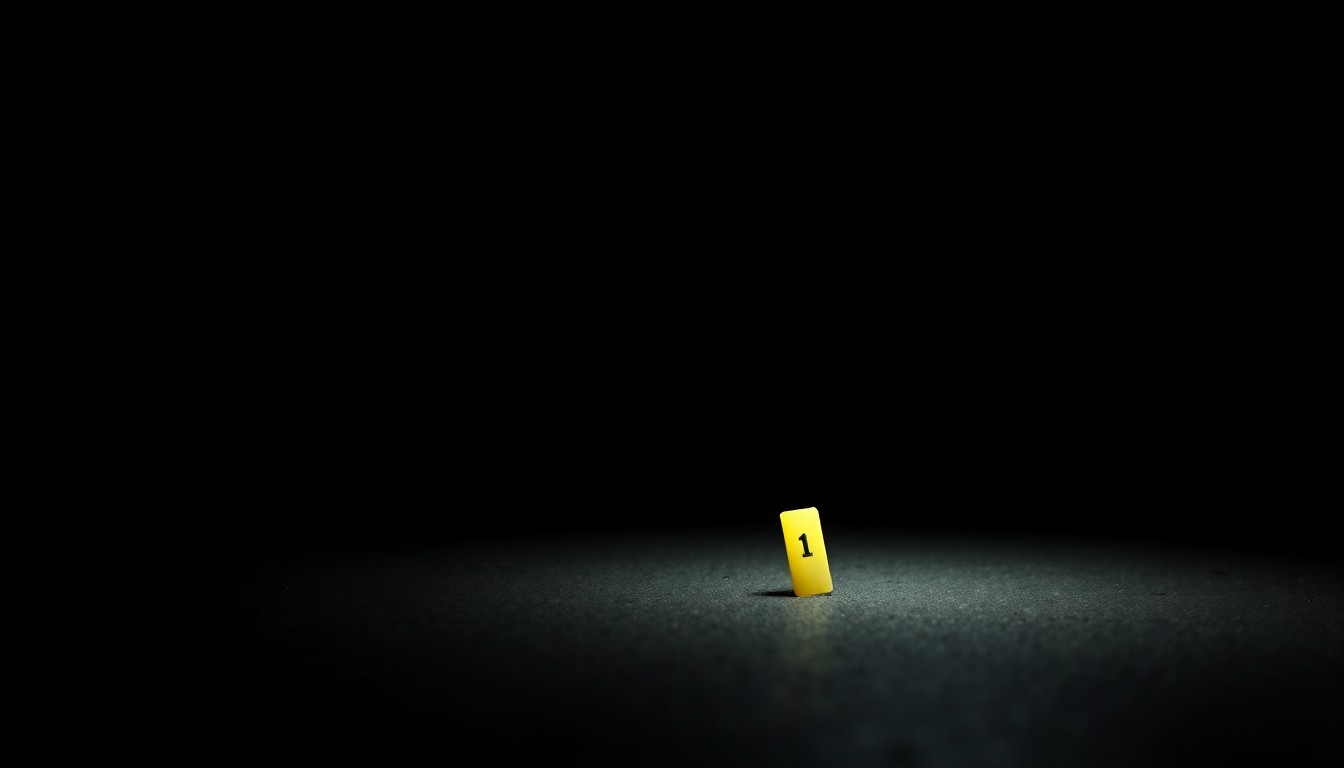 An extreme close-up photograph of a single police evidence marker on the ground, lit by a harsh, direct camera flash against a pitch-black background, conceptually illustrating the scale and intensity of the investigation underway.