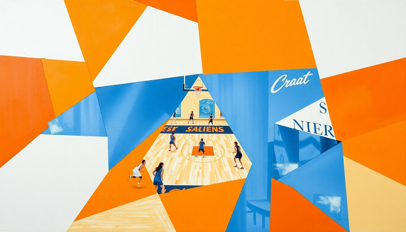 A fragmented, abstract painting depicting a women's basketball game, with sharp geometric shapes in bright colors representing the dynamic action on the court.