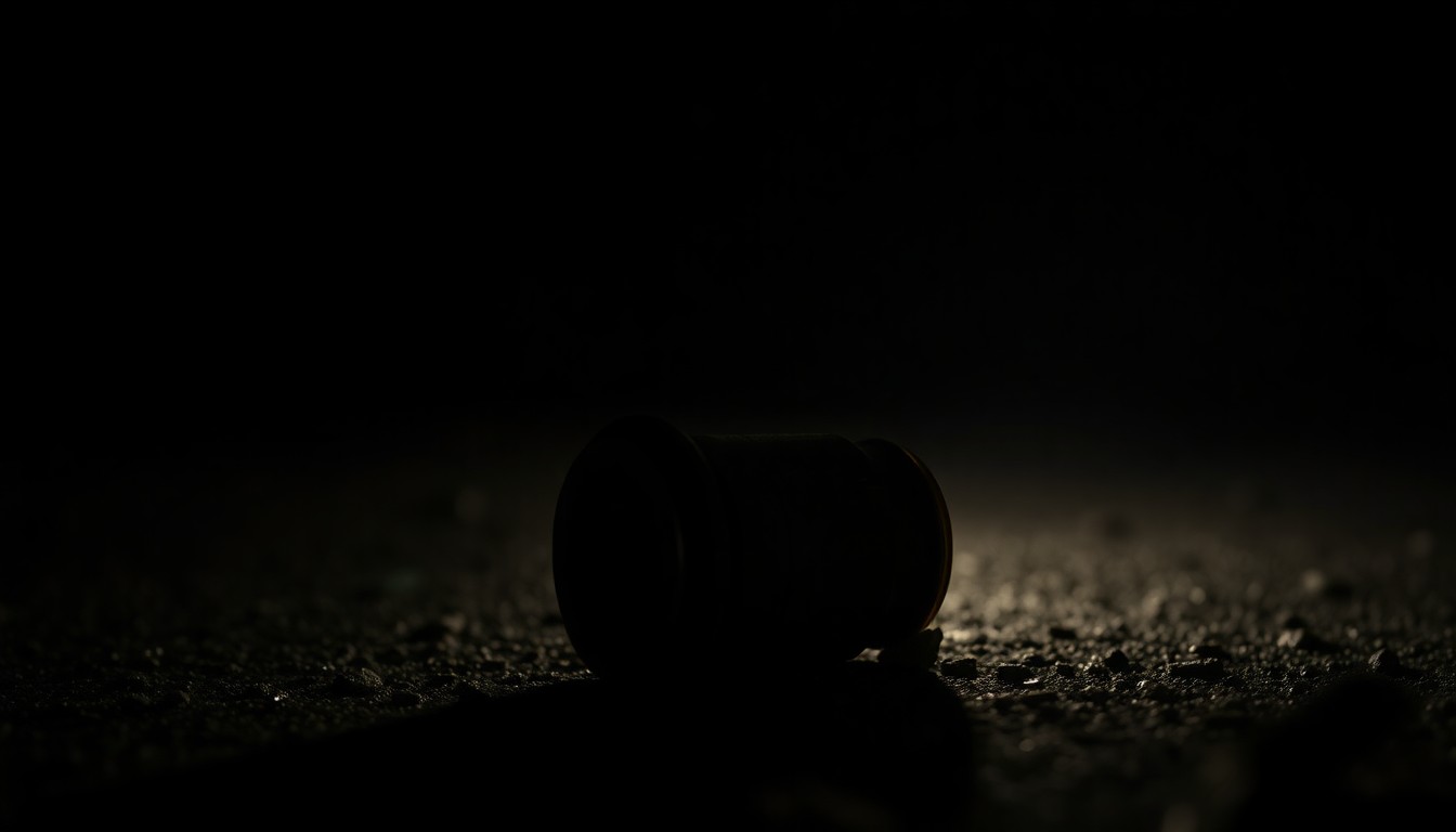 An extreme close-up photograph of a spent shell casing on the ground, capturing the stark, gritty details of the crime scene.