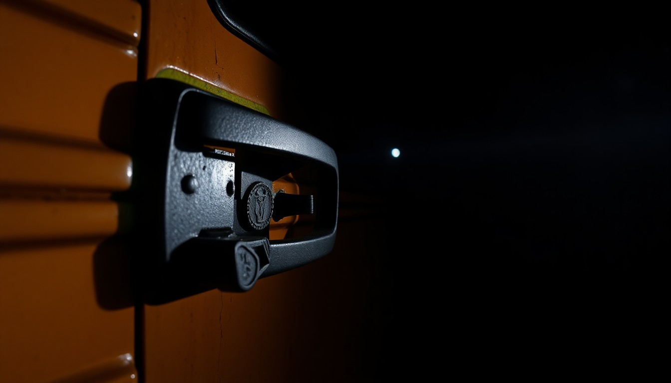 An extreme close-up photograph of a damaged school bus door handle or side panel, lit by a harsh, direct camera flash against a pitch-black background, conceptually illustrating the sudden and gritty nature of the incident without depicting any actual violence or victims.
