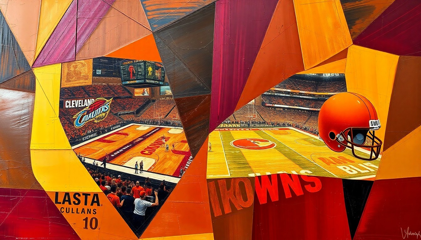 A fractured, multi-perspective painting depicting a Cleveland Cavaliers basketball game and a Cleveland Browns football game, with the action broken down into sharp, overlapping geometric planes in the teams' official colors of wine red, gold, and brown, conceptually representing the comprehensive coverage of Cleveland sports on the 'Sports 4 CLE' show.