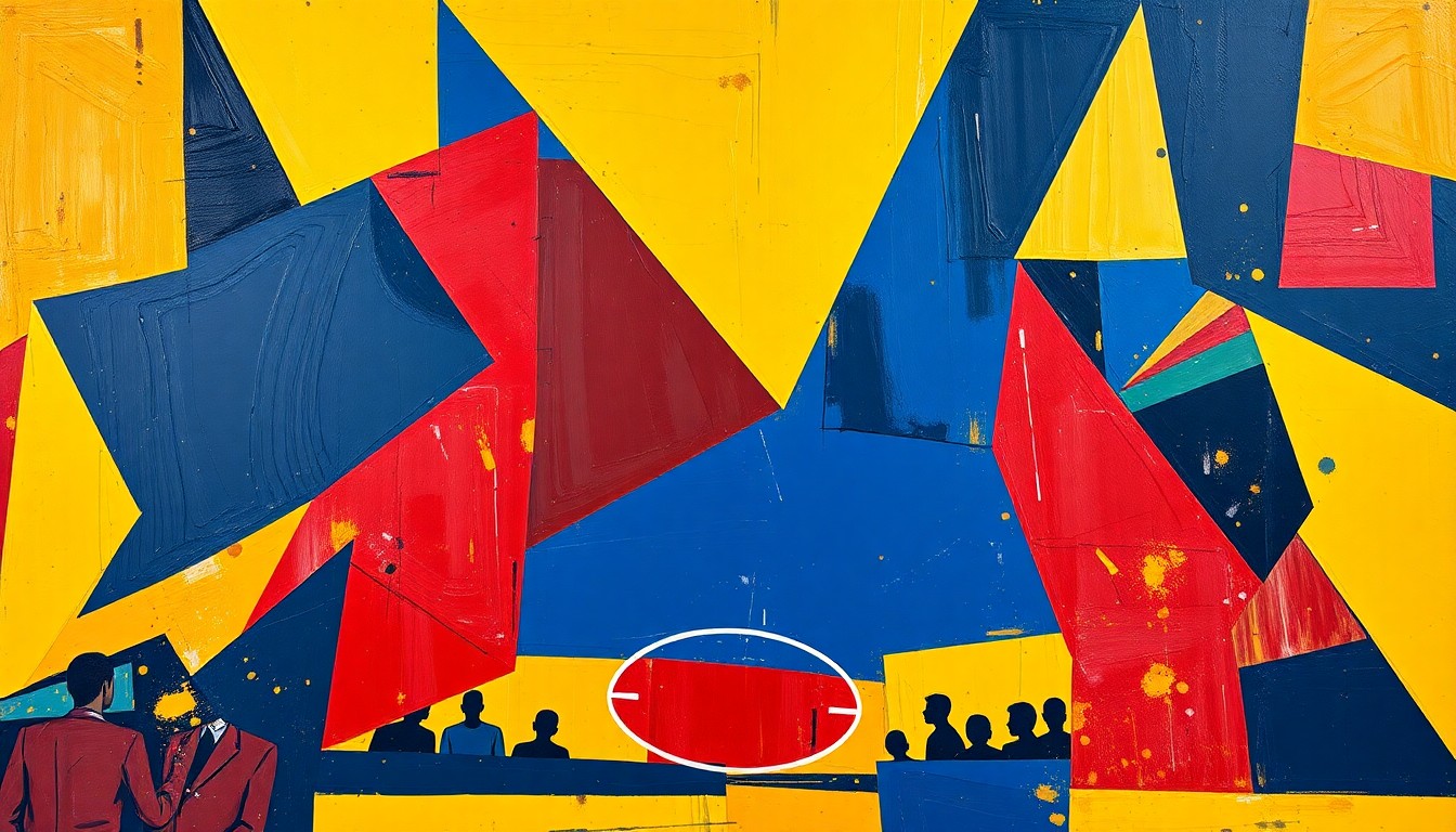 A cubist, geometric painting depicting fragmented basketball players and court elements in a palette of navy, crimson, and gold, conveying the intensity and unpredictability of the Hawks' loss to the Cavaliers.