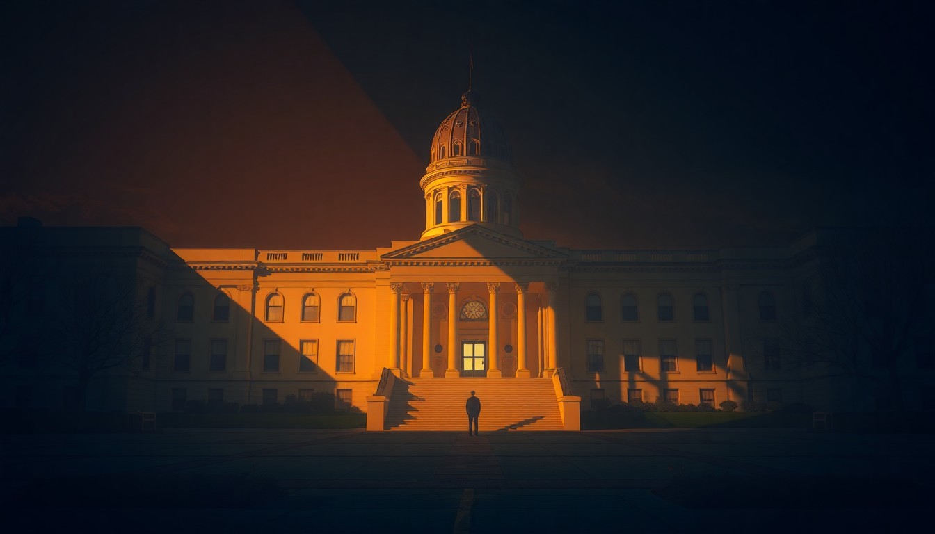 A photorealistic painting of the Iowa state capitol building, with a lone figure standing at the entrance. The building is bathed in warm, golden light, creating a sense of solemnity and contemplation.