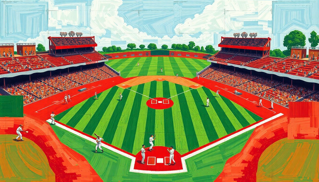 A fractured, geometric painting depicting the dynamic movements and perspectives of a high school baseball game, with overlapping planes of green, red, and white.