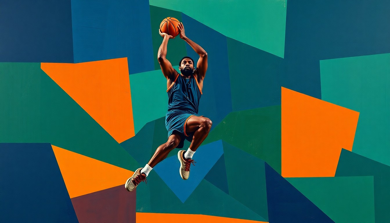 A fractured, cubist-style painting depicting a basketball player in mid-motion, with their body broken down into sharp, overlapping geometric shapes in a palette of navy, green, and orange, conceptually representing the complex recovery process from a major injury.