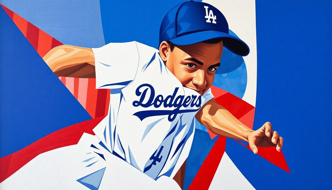 A cubist, geometric painting depicting the motion and energy of a baseball player stealing a base, with sharp, overlapping planes of Dodger blue, white, and red colors.