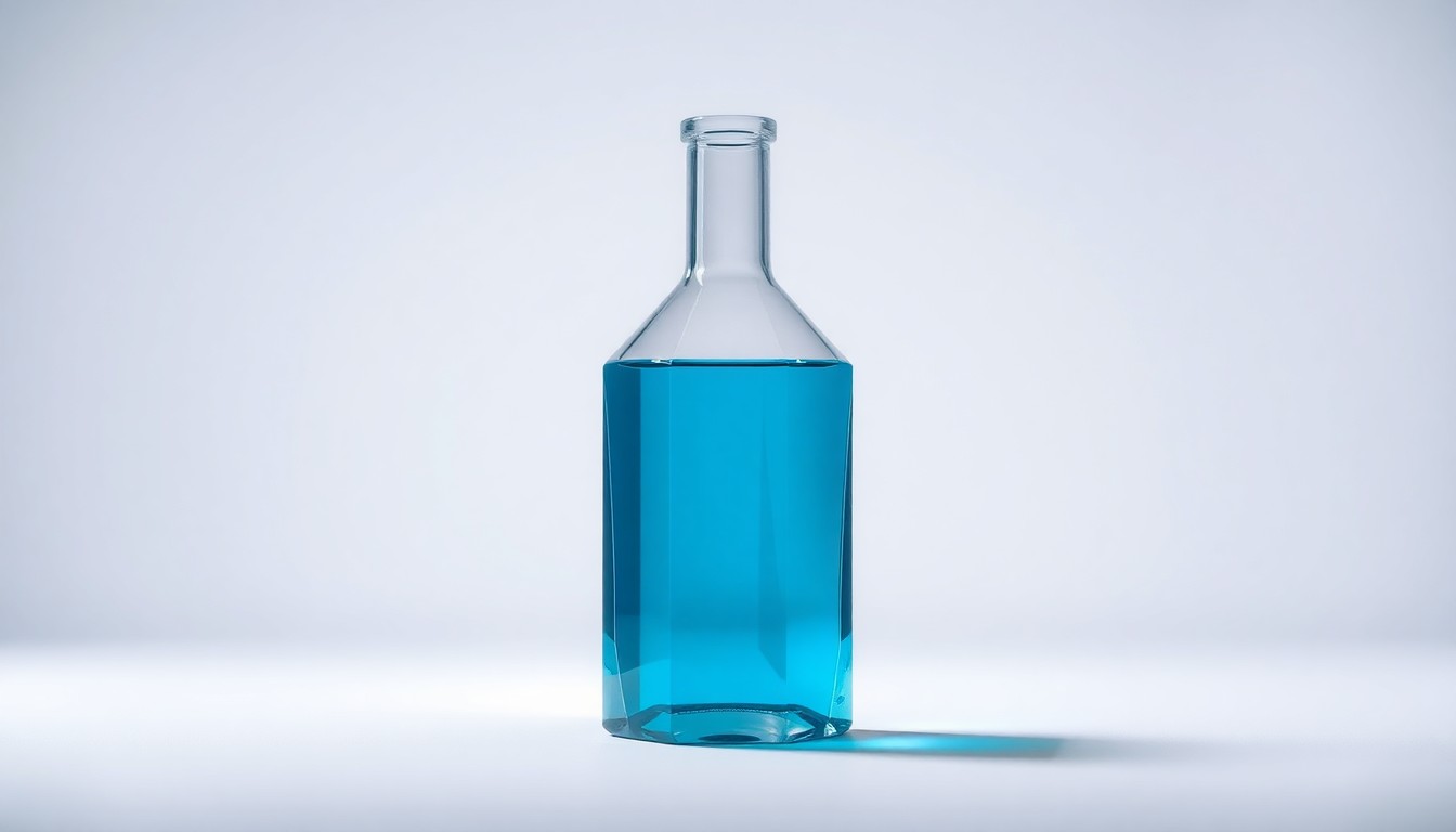 A photorealistic studio still-life photograph featuring a polished, geometric glass bottle filled with a vibrant blue-green liquid, symbolizing the advanced animal health biologics produced by ImmuCell. The bottle is placed on a clean, monochromatic background with dramatic lighting and shadows, conveying the premium quality and scientific precision of the company's products.
