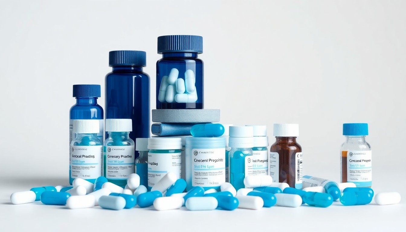 A minimalist studio still life photograph featuring a stack of pharmaceutical pill bottles and vials in shades of blue, grey, and white against a clean white background, conceptually representing Crinetics Pharmaceuticals' focus on developing innovative treatments for endocrine diseases.