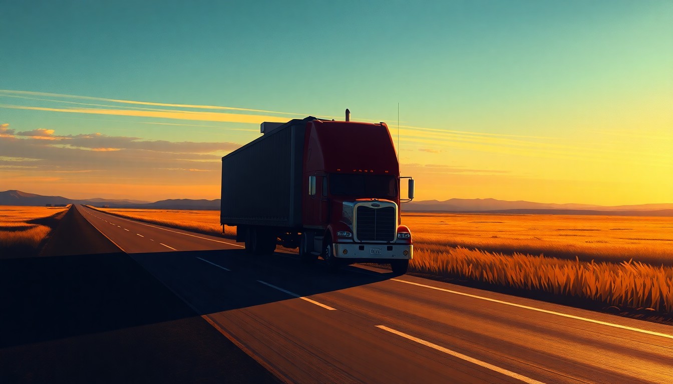 A serene, photorealistic painting of a solitary semi-truck driving down a remote country road, the vehicle's cab and trailer bathed in warm, golden sunlight and long shadows, conveying a sense of quiet determination and purpose.