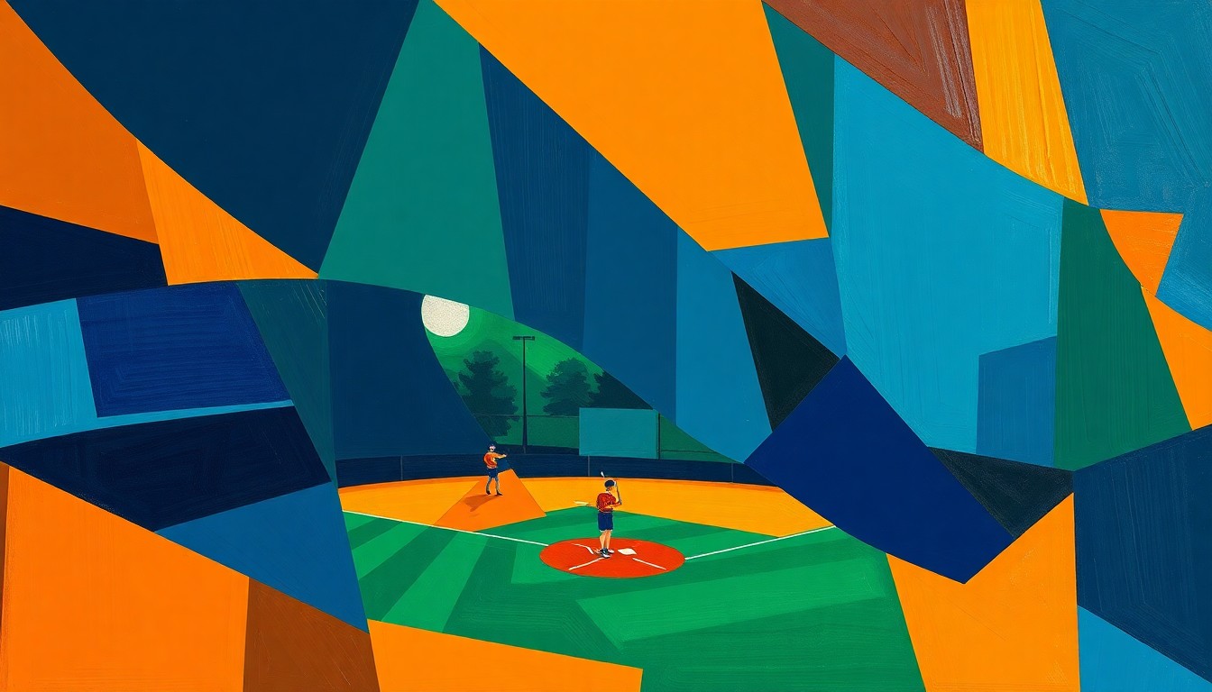 A cubist-style painting depicting a high school baseball game, with the players and field broken down into sharp, overlapping geometric shapes in a palette of navy, green, and orange, capturing the dynamic energy of the game.