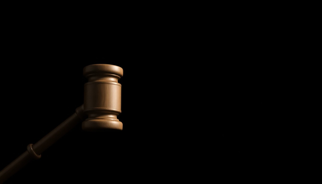 An extreme close-up photograph of a wooden gavel against a stark black background, the harsh flash illuminating the textured surface and creating dramatic shadows to convey a serious, investigative mood without words.