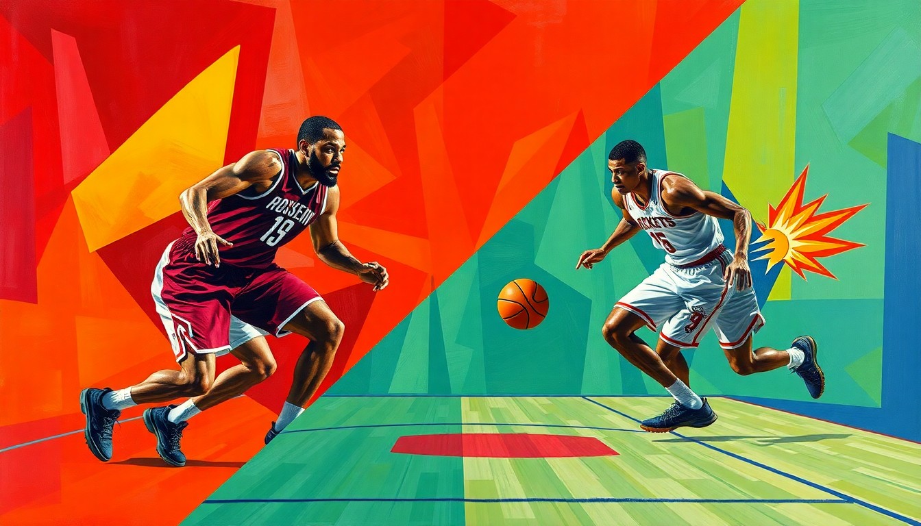 A fragmented, geometric painting in bold colors depicting the action of a basketball game, with players' forms abstracted into angular shapes and the ball and court lines creating dynamic diagonal lines across the composition.