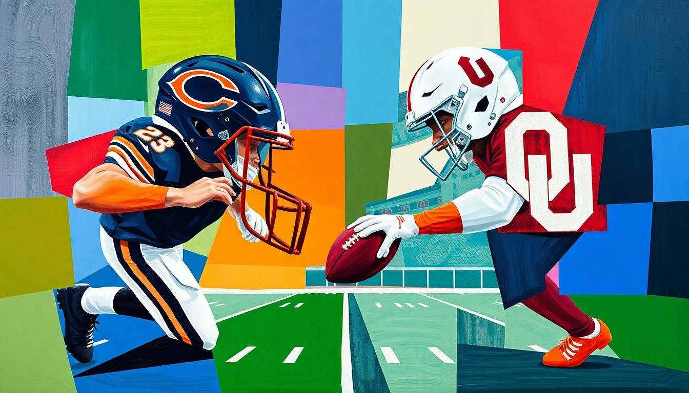 A fragmented, geometric painting depicting the intense competition between two football players, with sharp planes of color representing the dynamic action and tension of their on-field matchup.