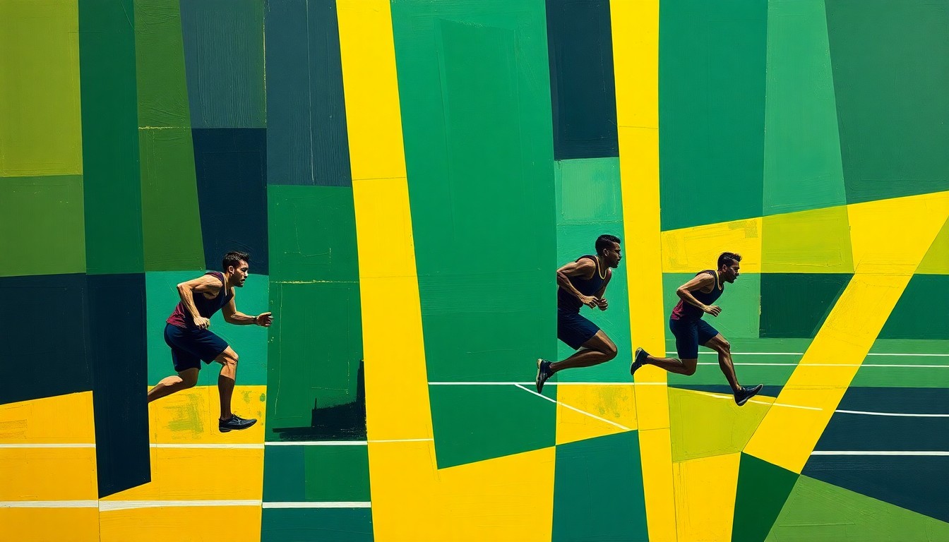 A cubist, geometric painting depicting a fragmented, multi-angled view of a track and field competition, with sharp planes of deep navy, forest green, and bright yellow colors conveying the dynamic energy of the event.