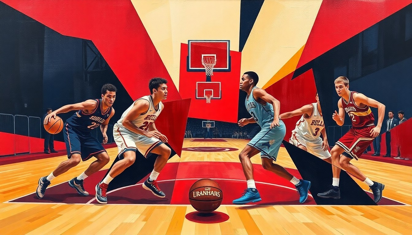 A fractured, multi-perspective painting in bold red, navy, and gold hues, breaking down a high school basketball game into abstracted geometric shapes and forms, conceptually representing the Eufaula Ironheads' successful campaign.